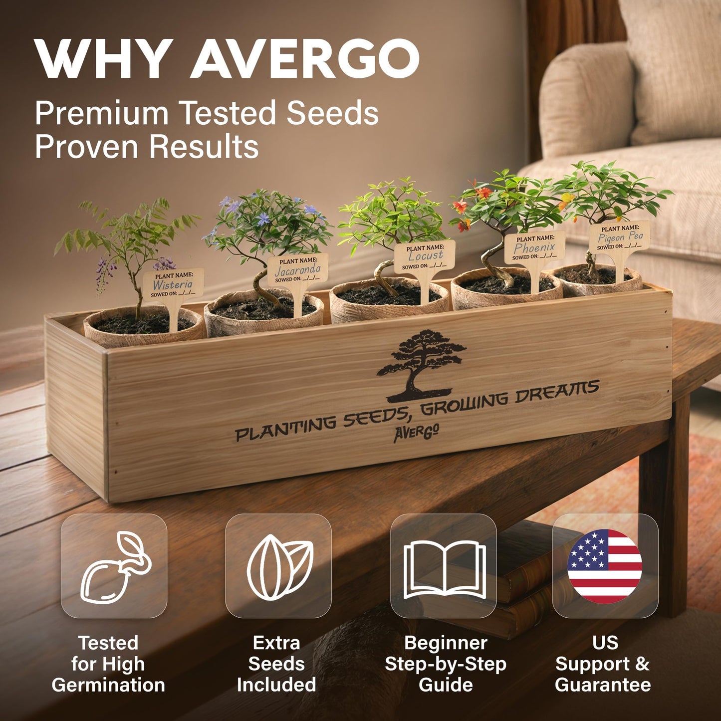 AVERGO Bonsai Tree Kit Deluxe - 5X Unique Japanese Bonzai Trees | Complete Indoor Bonsai Starter Kits from Seeds to Trees – DIY Gardening Gifts for Mother, Women & Men