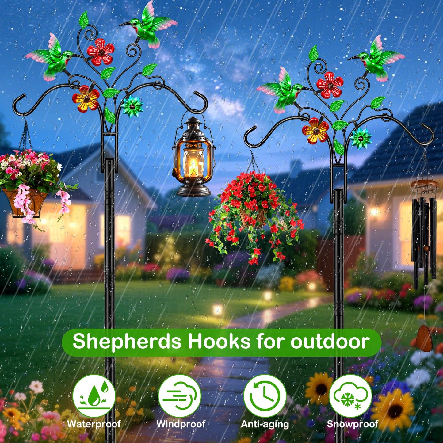 Double Shepherds Hooks for Outdoor, 2 Pack 78 Inch Bird Feeder Pole with 5 Prongs Base, Adjustable Heavy Duty Plant Hangers Hummingbird Art for Outdoor Plants Hummingbird Feeder Hanging Basket Lantern