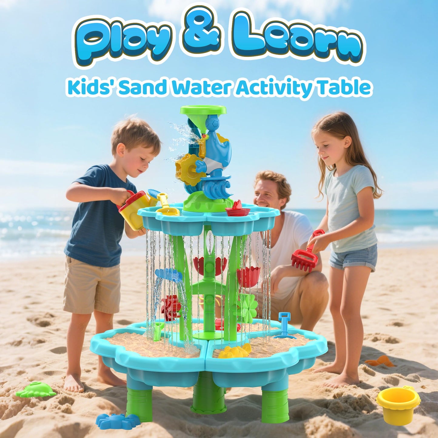 Eterfun Kids Flower Water Sand Table for Toddlers - 2-Tier Outdoor Water Sand Play Table Toys for Boys Girls, Summer Splash Activity Sensory Table Party Birthday Gift for Kids 3-5 6-12