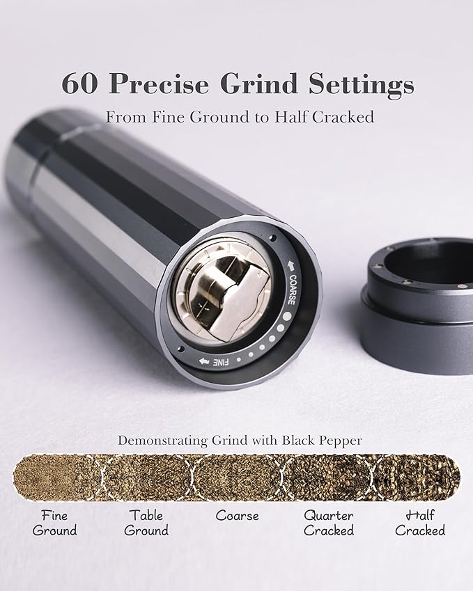 Pepper Grinder Manual – Hotqilin Adjustable Pepper Mill Grinder with 60+ Coarseness Settings, All Metal Design, High Output, Mess-Free Refillable, Heavy Duty