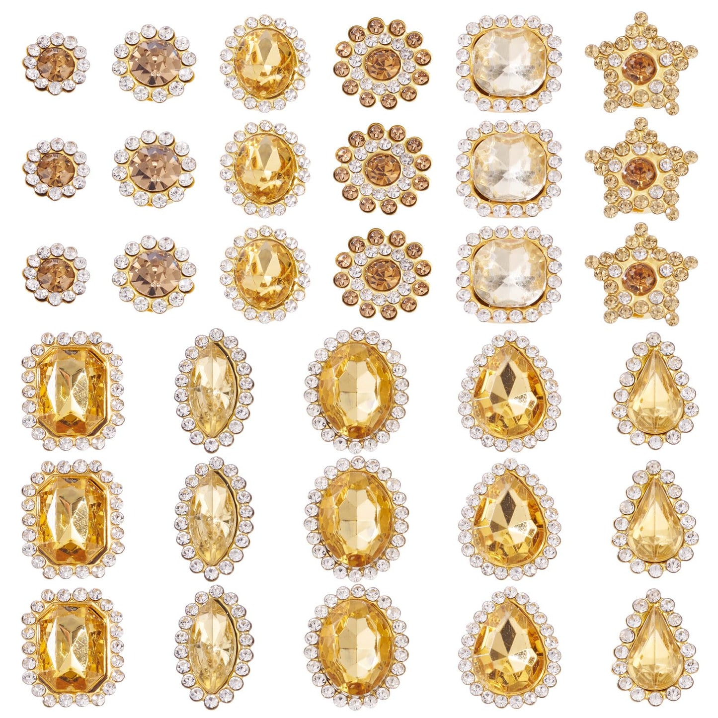 FASHEWELRY 100Pcs Sew on Rhinestones Mixed Shapes Big Rhinestones Bedazzling Flatback Sew on Crystal Gems with Metal Base for DIY Costumes Embellishments (Golden)