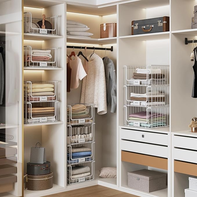 3-Tier Stackable Closet Organizers and Storage, Clothes Shelf Organizer, Foldable Wire Basket Bins, Sweater Storage for Closet and Pantry,11.8" D x 15.7" W,White