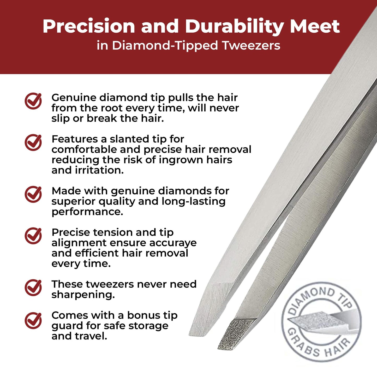 WBT Diamond Tip Tweezer- Grabs Hair from the Root, Diamond Coated Slant Tips Precision Tweezer for Eyebrow, Facial & Ingrown Hair Removal - Perfectly Aligned Tips Surgical Grade Steel Tool