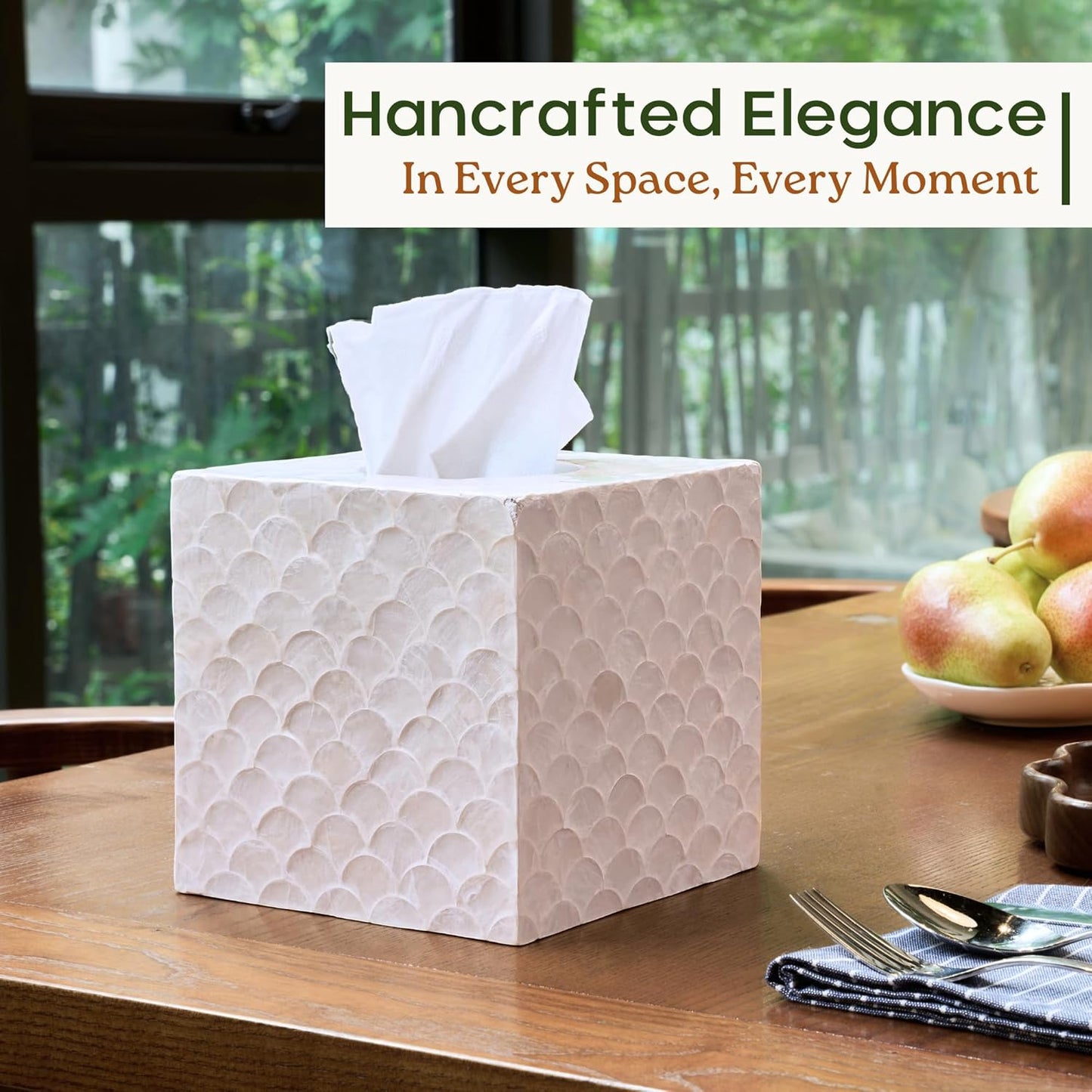 5.9” Capiz Tissue Box Cover, Square Decorative Tissue Holder with Bottom Slider, Handmade Bathroom Accessories, Elegant White Cube for Vanity, Bedroom, Office & Coastal Décor (Natural)