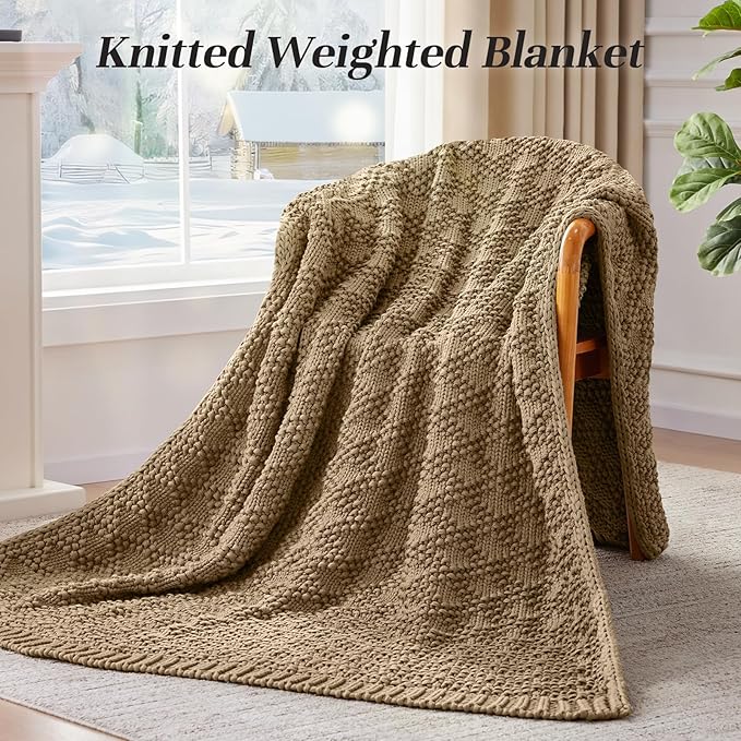 Knitted Weighted Blanket for Adult, Chunky Knit Weighted Throw for Sleep 80"*87" 20lbs, Cooling Breathable Machine Washable Fall Heavy Blanket for Room Decor (Beige, King)