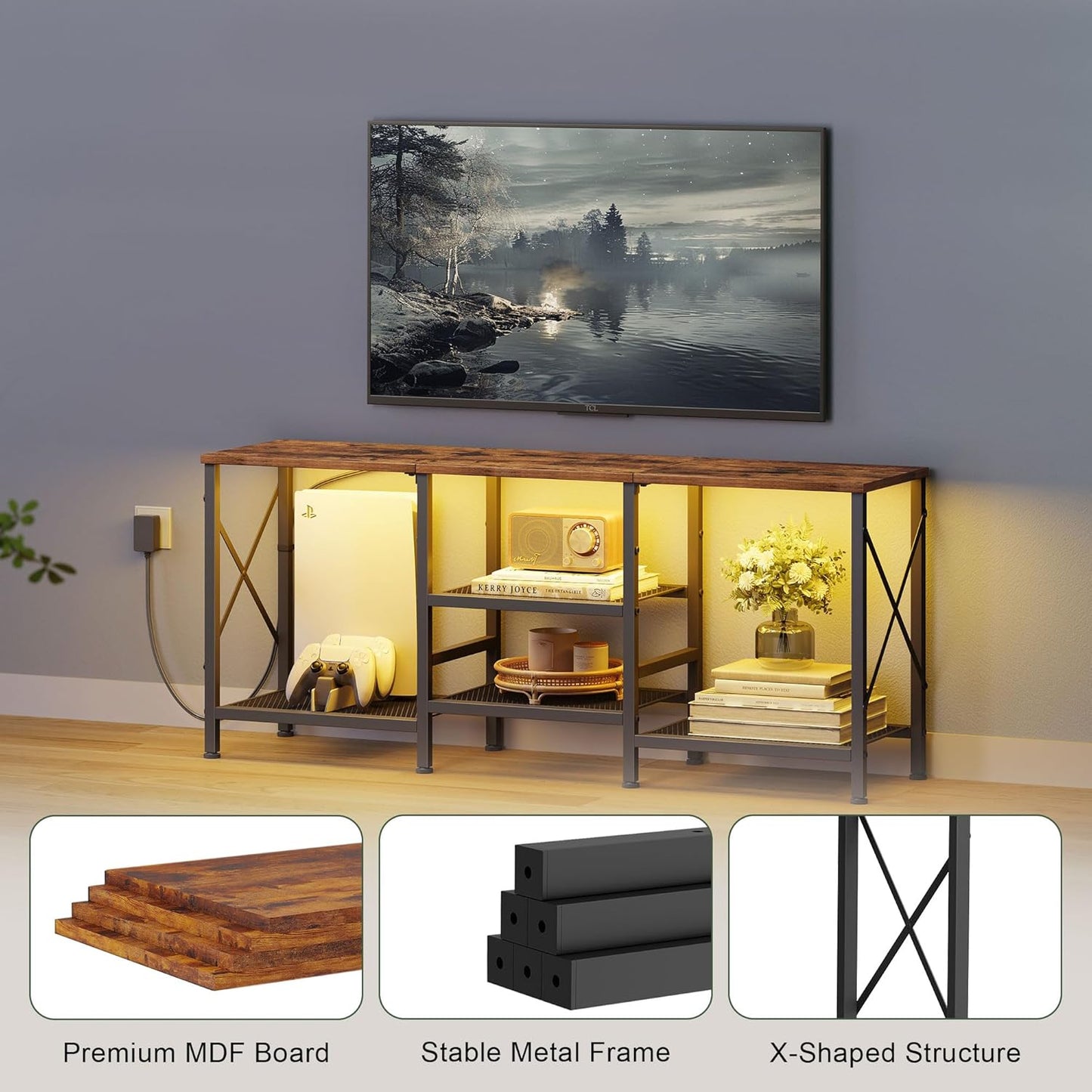 TV Stand with LED Lights for 55 Inch TV, Entertainment Center with 3-Tier Open Shelves, TV Console Table for Living Room, Bedroom, Rustic Brown