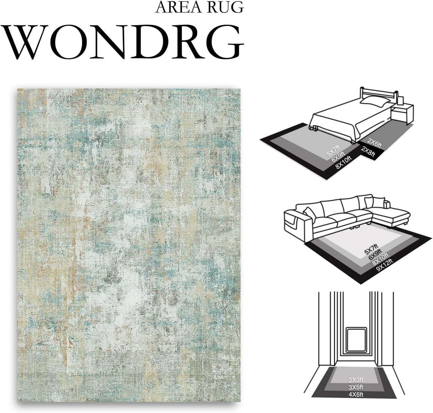 5x7 Washable Area Rug Teal Beige Modern Neutral Abstract Living Room Bedroom Indoor Floor Carpet Low Pile Soft Non-Slip Lightweight Vacuumable Throw Rug for Kitchen Nursery Dining Room
