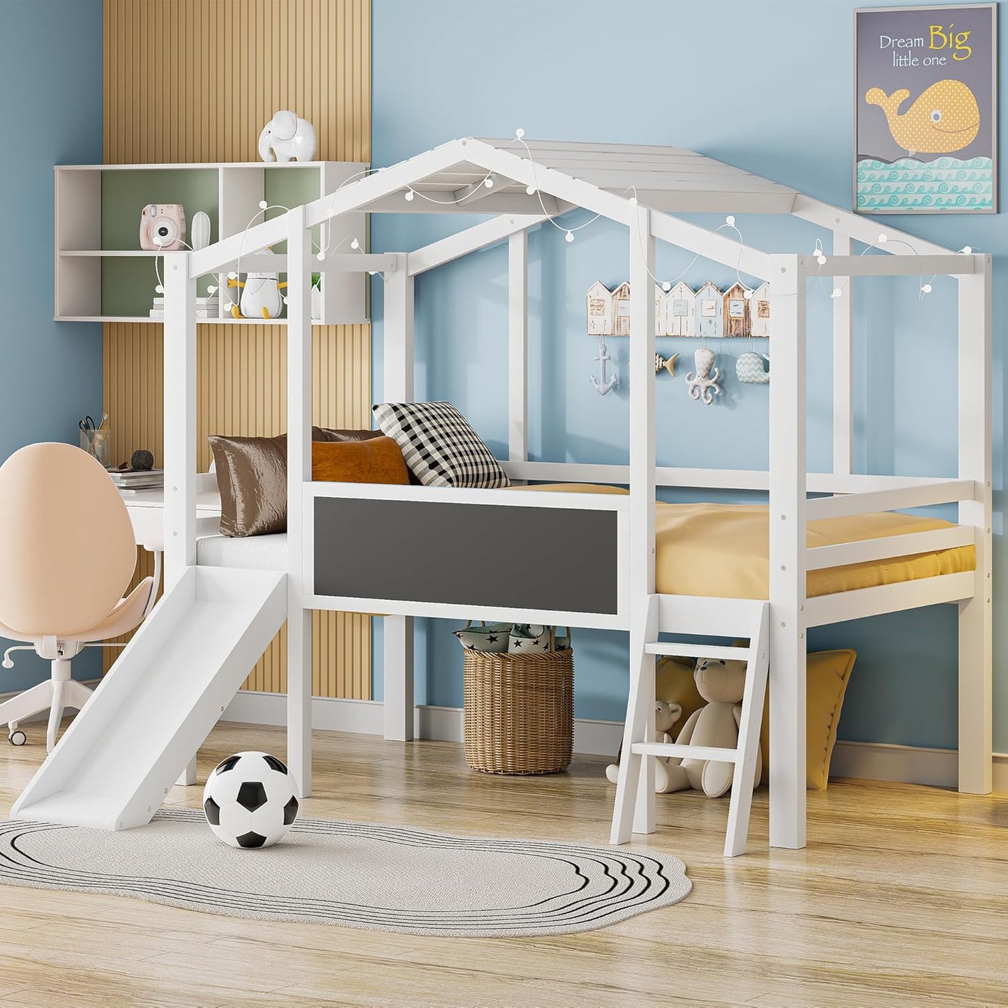 Ball & Cast Twin Size House Loft Bed with Ladder and Slide,Wood Bunkbed w/Blackboard and Light Strip on The Roof,Slat Support,Space Saving,Bedroom Furniture for Student Dorms,White
