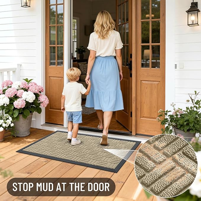 OLANLY Front Door Mat Outside Entrance 33x21, Absorbent, Heavy Duty Sturdy Natural Rubber Doormat Indoor Outdoor, Stain and Fade Resistant, Non-Slip Backing Low Profile Floor Mat for Entryway, Beige