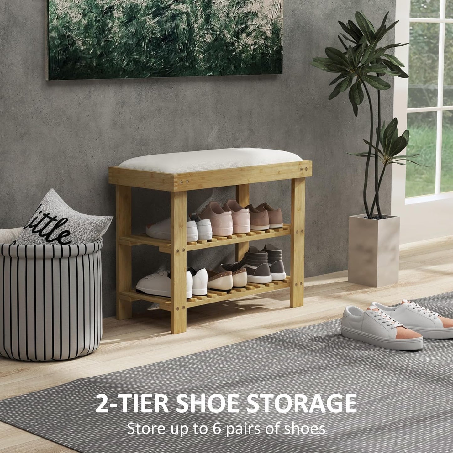 HOMCOM Bamboo Shoe Bench, 3-Tier Entryway Bench with Storage and Cushion, Shoe Organizer for Entryway, Hallway, Holds Up to 331 lbs, 23.6 x 11.4 x 19.3 Inches, Cream White