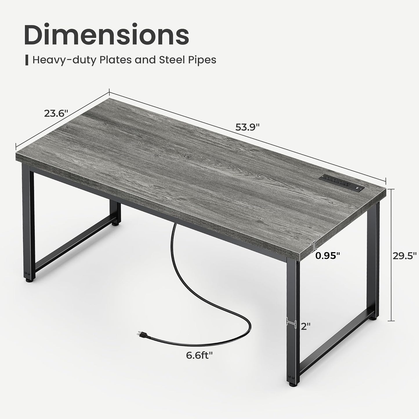 Huuger 55 x 24 inch Desk with Power Outlets & USB-C, Deeper & Thicker Desktop, Robust Metal Tubes, Computer Desk, Heavy Duty Office Desk, Work Gaming Desk for Home Office, Grey
