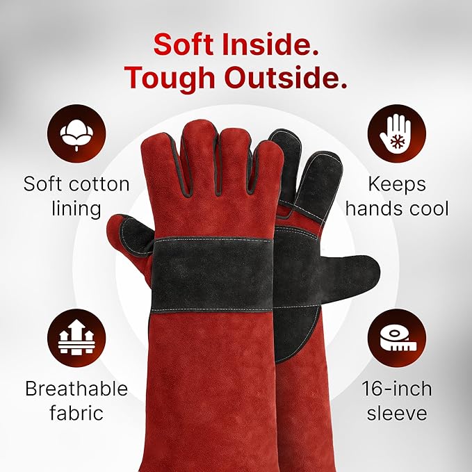 Welding Gloves for Men and Women - 16" Leather 932°F Heat and Fire Resistant Forge MIG TIG Stick Welder Gloves - Also Used for Oven, Grill, BBQ, Furnace, Stove, Fireplace, Animal Handling - Red