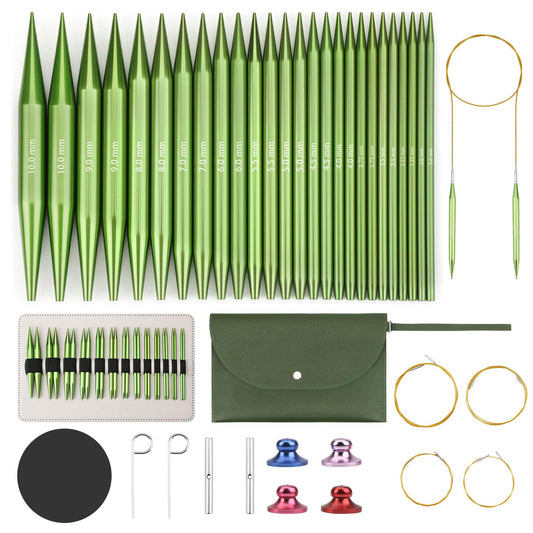 Interchangeable Circular Knitting Needles Set Premium Aluminum Knitting Kit 13 Pairs of 4 Inch with 4 Cables, Accessories and Storage Bag Green