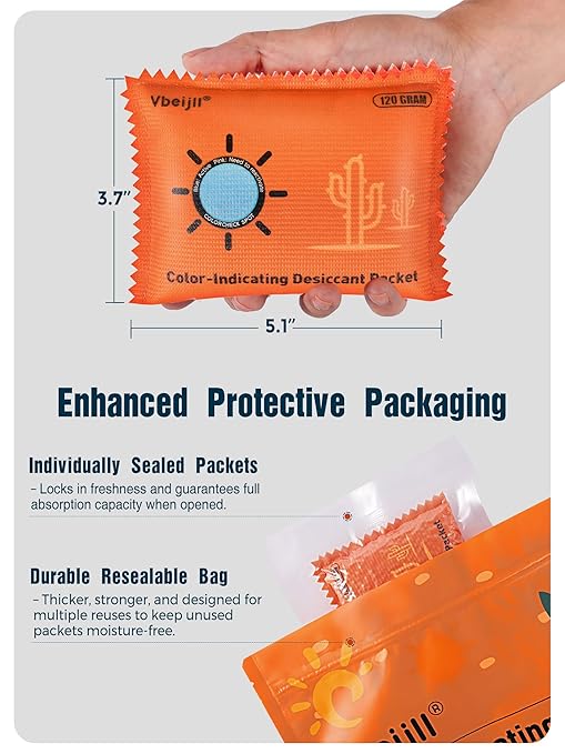 120 Gram (6 Pack) Color-Indicating Desiccant Packs for Storage, Rechargeable Silica Gel Packets, Moisture Absorbers for Storage Bins, 3D Filaments, Cars, Safe, Electronics, Toolboxes
