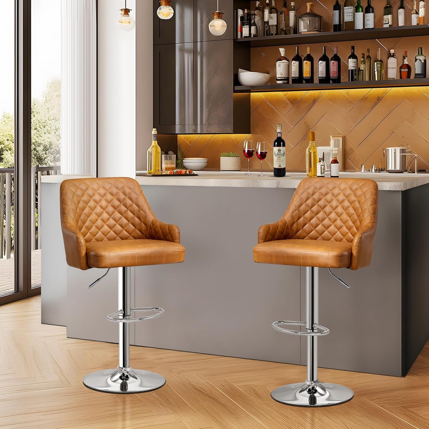 VECELO Bar Stools Set of 2, Modern PU Leather Adjustable Bar Stools with Back, 360° Swivel Bar Height Stools for Kitchen Counter Island, X-Large Size