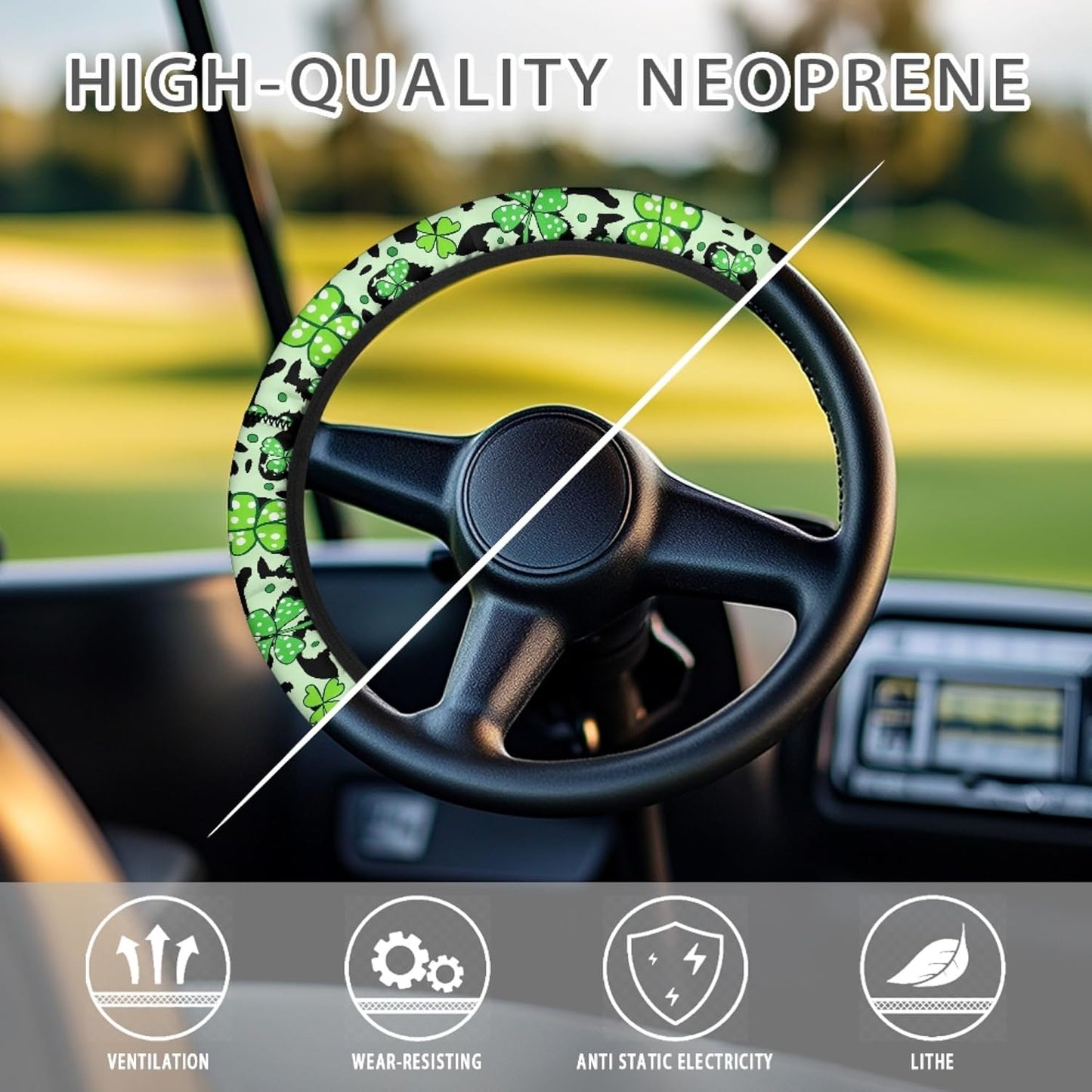 St. Patrick's Day Green Leaves Golf Cart Steering Wheel Cover, Polyester, 13-14 Inch, Universal Fit, Boat & Golf Cart