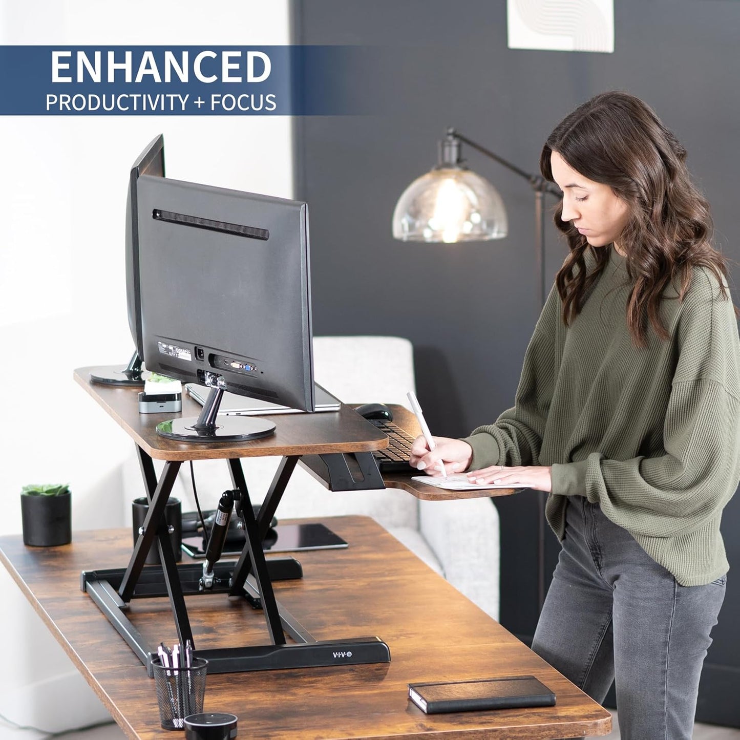VIVO 36 inch Desk Converter, K Series, Height Adjustable Sit to Stand Riser, Dual Monitor and Laptop Workstation with Wide Keyboard Tray, Rustic Vintage Brown Top, Black Frame, DESK-V036KN