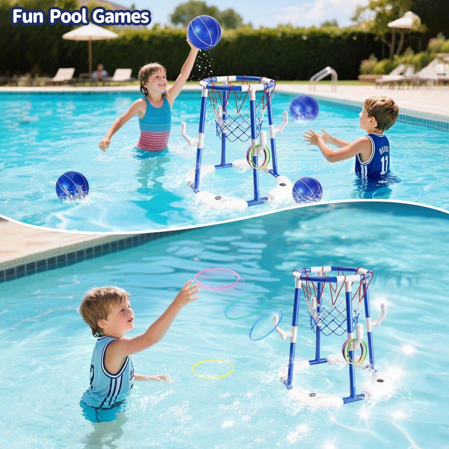 Sitodier Pool Basketball Hoop for Kids, 2-in-1 Floating Pool Basketball Play Toys and Ring Game with 4 Balls and Pump, Outdoor Summer Swimming Pool Basketball Games Family Party for Kids Adults (Blue)