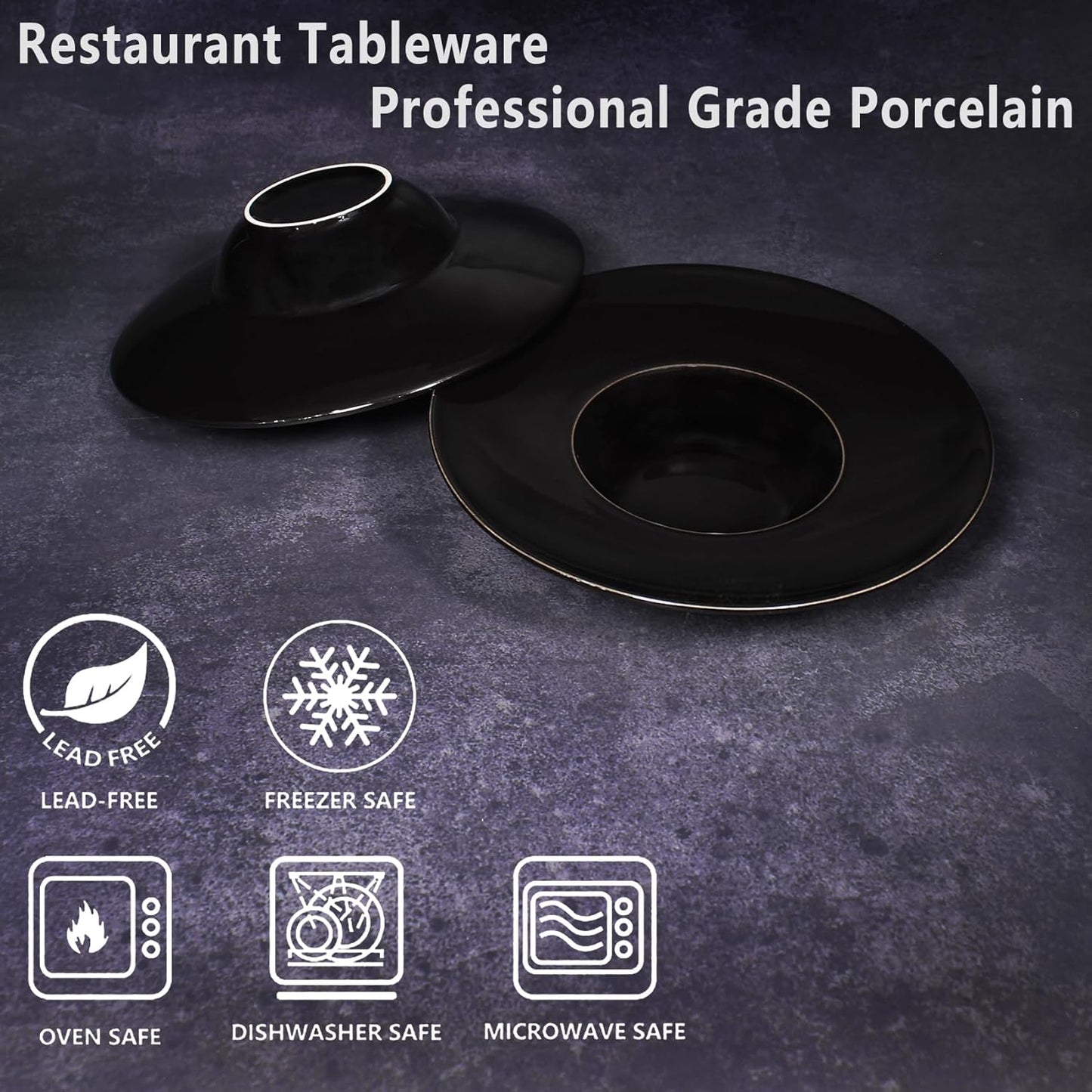Ceramics Rimmed Soup Bowls 8.8 oz, Black 11.6 inch Exquisite small soup plate Set of 4, Pasta plates With Rim is the best choice for hotels, kitchens, fine restaurants and gourmets