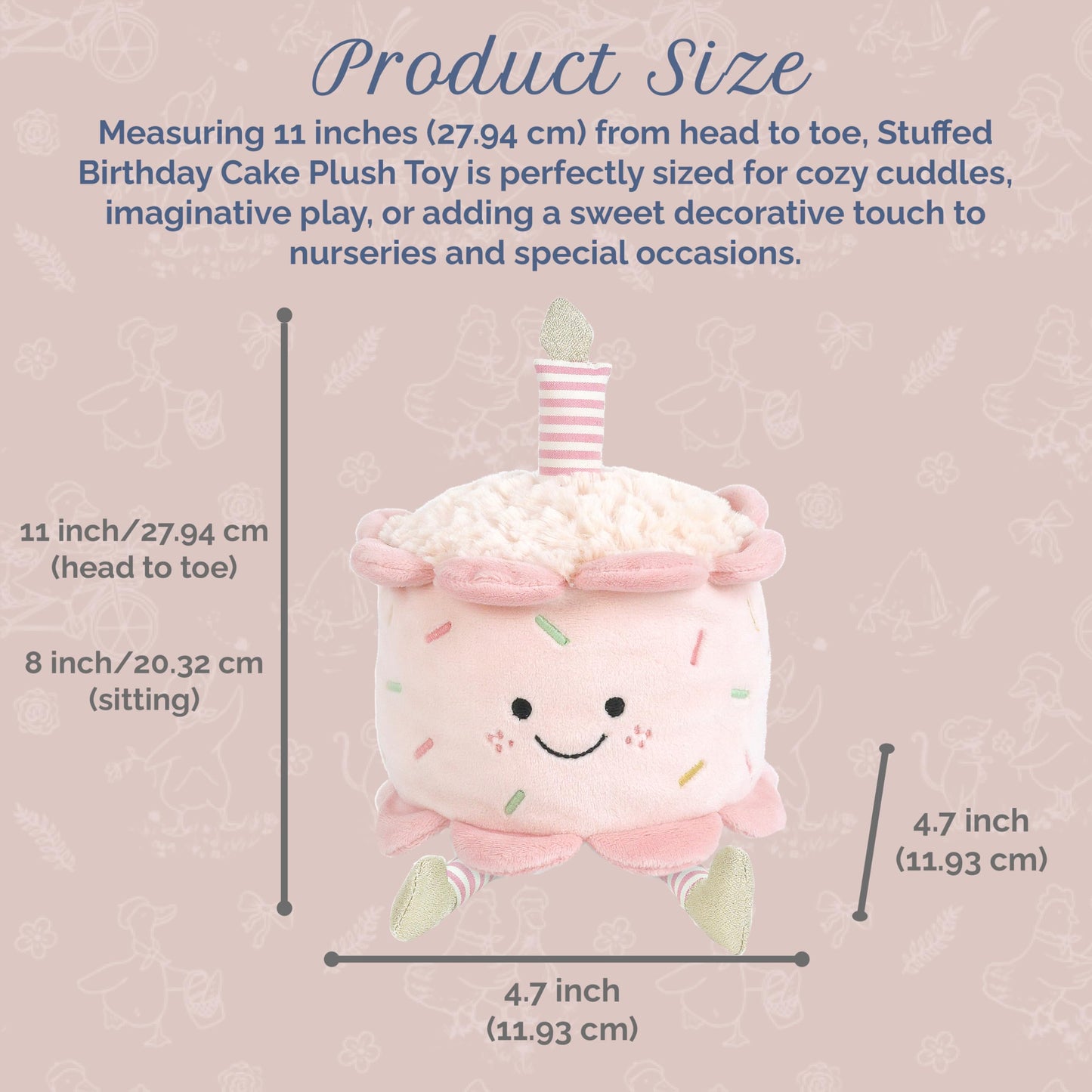 MON AMI Stuffed Birthday Cake Plush Toy | 11-Inch Pretend Play Plush Dessert | Soft Adorable Party Cake for Toddlers & Kids Nursery Décor