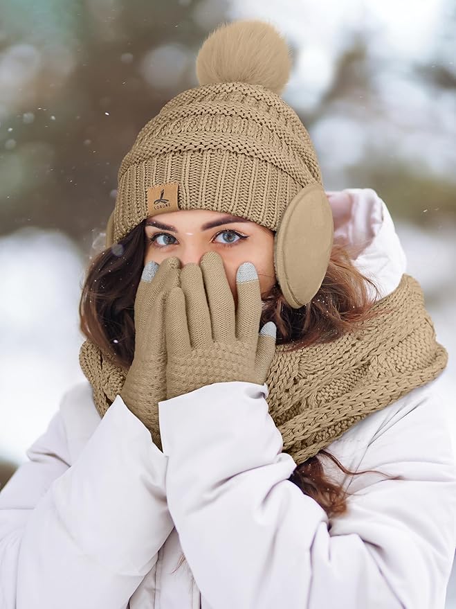Winter Hat Scarf Gloves and Ear Warmer, Warm Knit Beanie Hat Touch Screen Gloves Set Winter Gifts Neck Scarves for Women