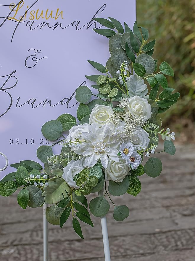 Wedding Arch Flowers, Artificial Floral Decor for Wedding Ceremony & Reception, Standard Size Large Flower Swag Set for Backdrop & Welcome Sign, Pack of 2 (Pure White & Ivory White)