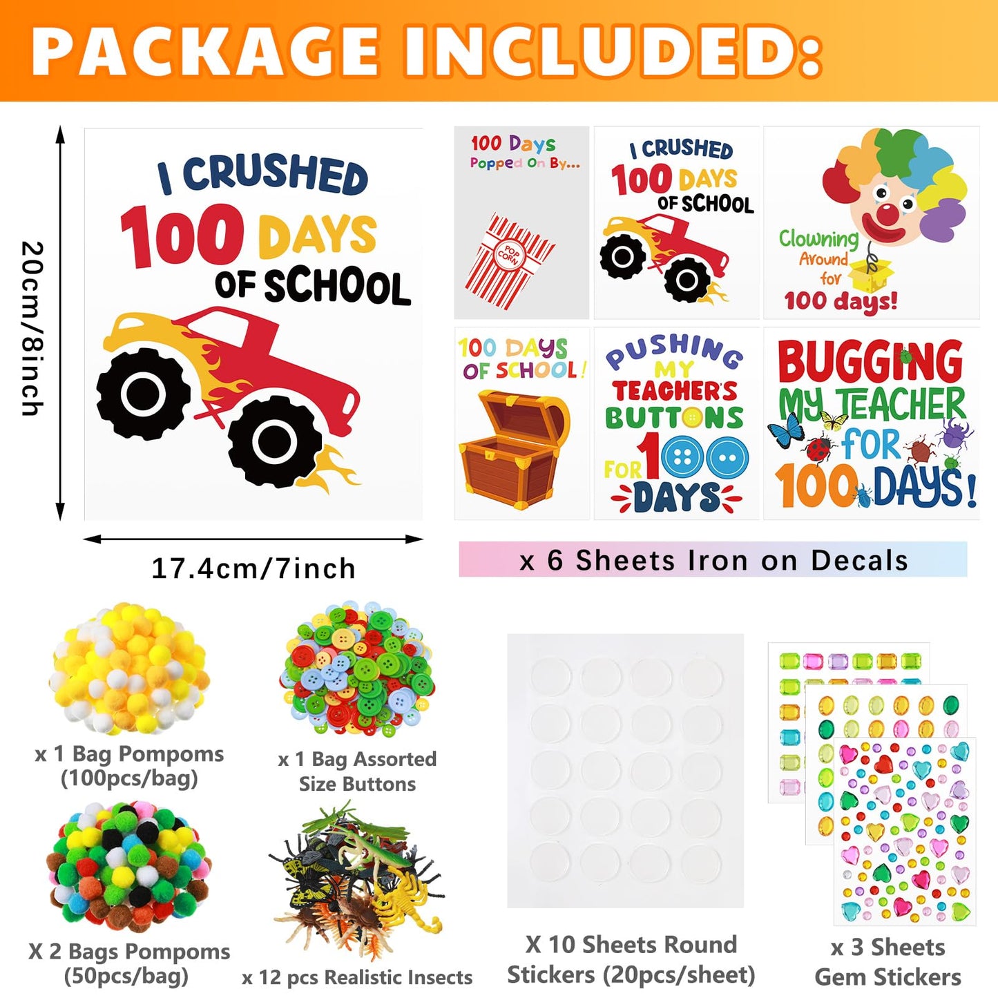 Glenmal 6 Sets DIY 100th Day of School Iron on Decals, Craft Kit with Patches Pompoms Buttons Gem Stickers Realistic Insects Popcorn Clown Heat Transfer Stickers for School Party DIY Clothing Bag