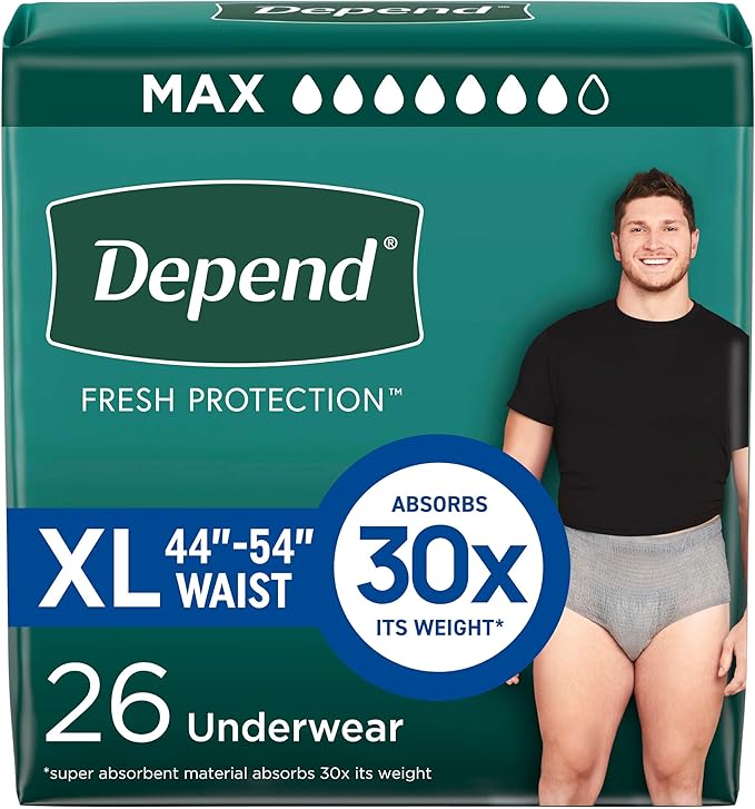Depend Fresh Protection Adult Diapers, Incontinence Underwear for Men, Disposable, Maximum, Extra-Large, Grey, 26 Count, Packaging May Vary