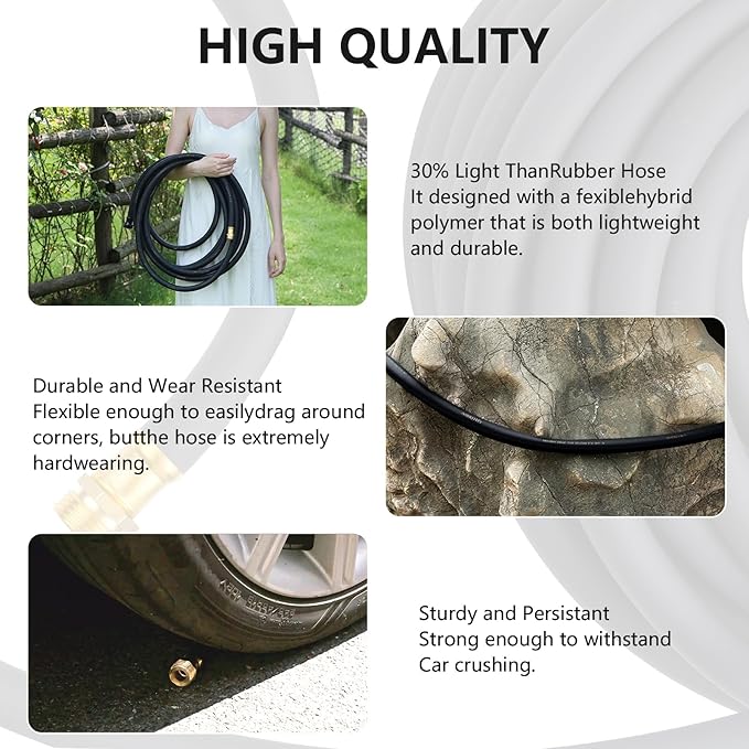 Garden Hose 5/8" x 5ft Brass Rubber Heavy Duty Water Hose 600 PSI Burst Pressure, Durable Flexible Hose for Yard, Car Wash, Pets Black