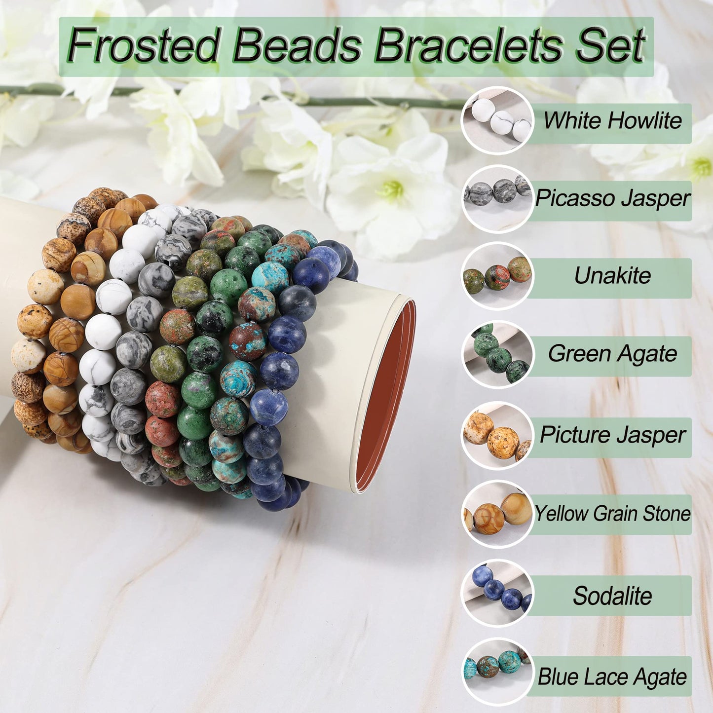 Bivei Natural Gemstone Healing Crystals Handmade 8mm Round Beads Bracelets Stretch Beaded Bracelet for Women Man(Frosted Picasso Jasper+Frosted White Howlite)