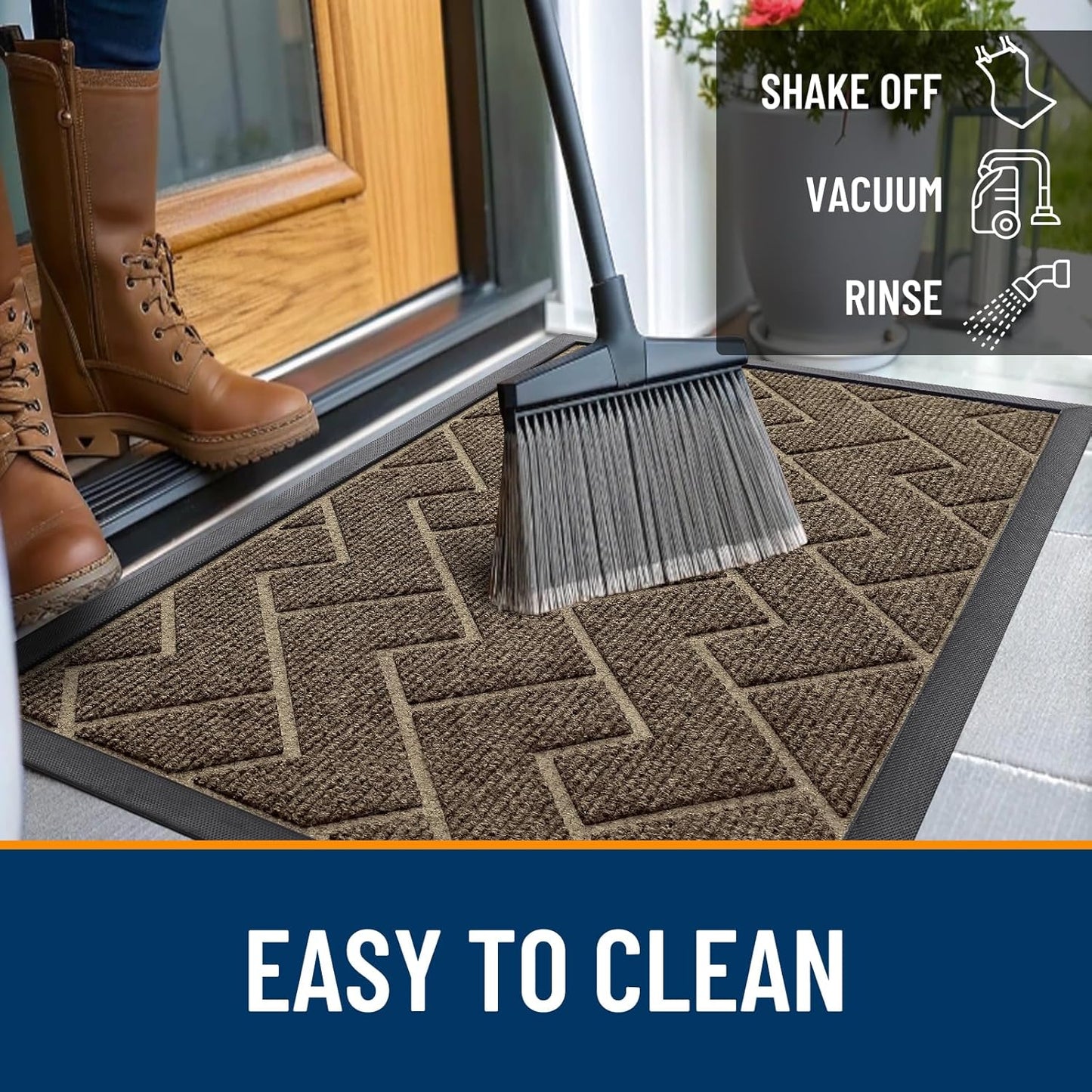 OLANLY Front Door Mat Indoor Outdoor Entrance, Waterproof All-Season, All-Weather Doormat, Sturdy Natural Rubber, Low Profile, Easy Clean Patio Porch Entryway Mat, Herringbone Brick (Brown, 47x17)