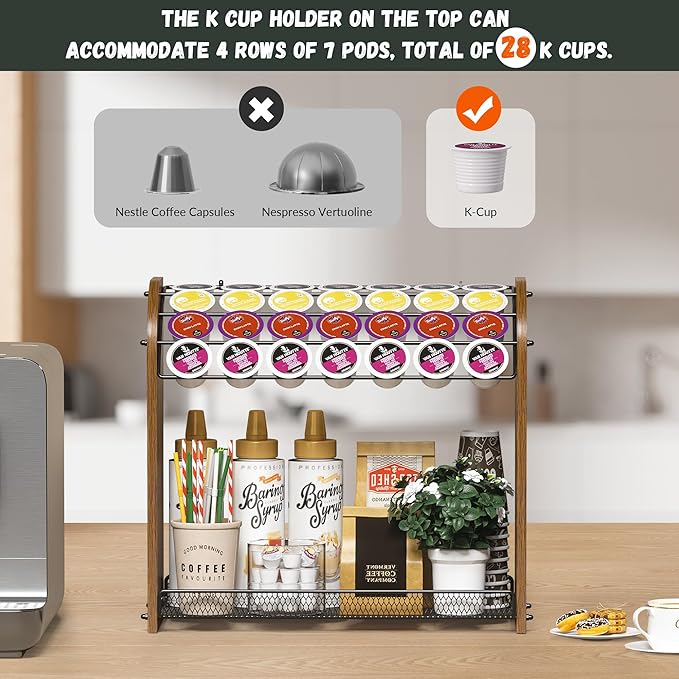 K Cup Holder - 2-Tier K Cup Organizer, Metal Coffee Pod Holder for Counter, Easy Assembly (Rustic Brown)
