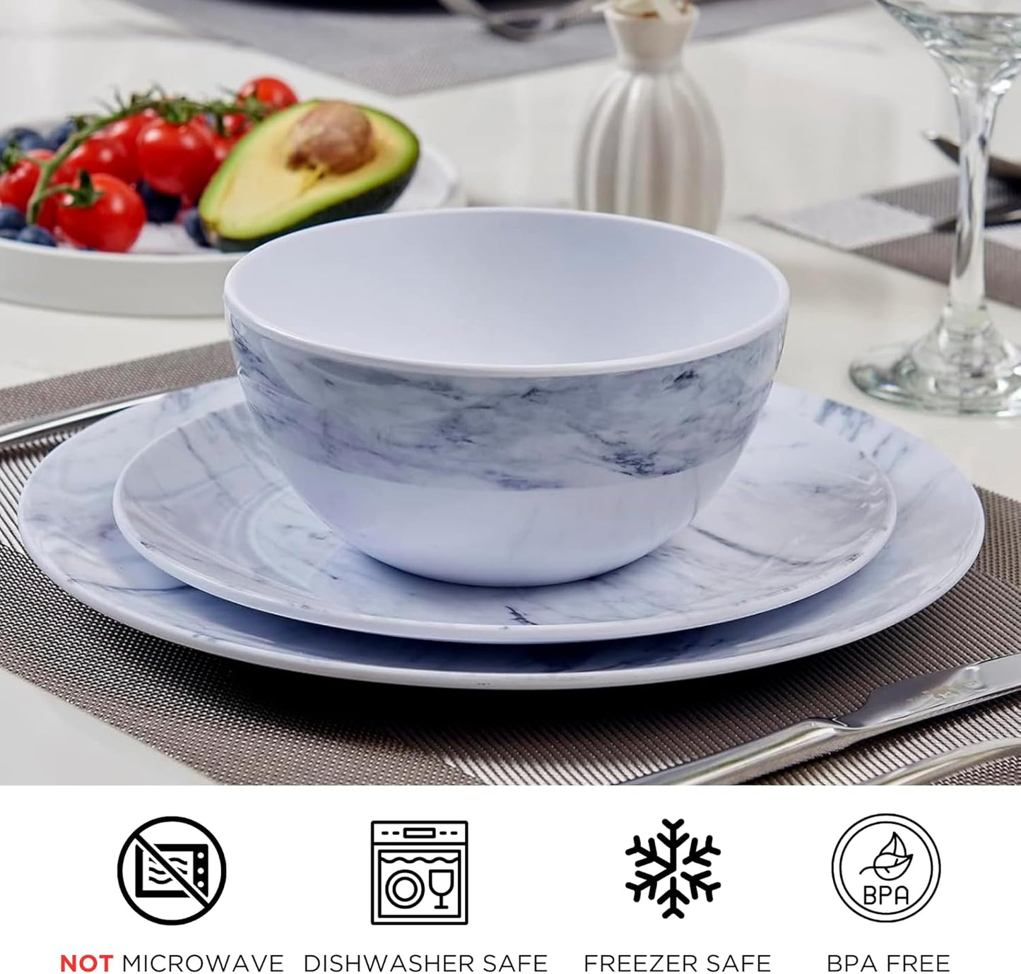 TP 12-Piece Dinnerware Set, Melamine Dishes Set with Bowls and Plates, Non-breakable and Lightweight Dinner Service for 4, Marble Pattern