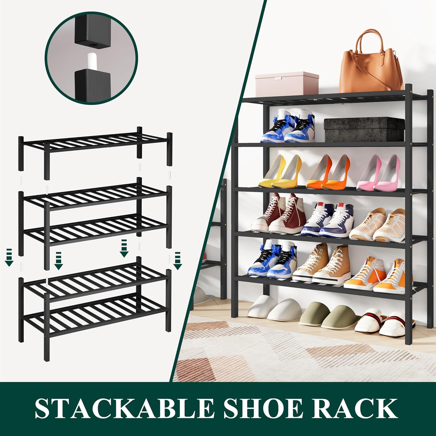 Smiry Shoe Rack, 4 Tier Bamboo Shoe Organizer, Stackable Free Standing Wooden Shoe Storage Shelf for Closet, Entryway, Front Door Entrance, Black