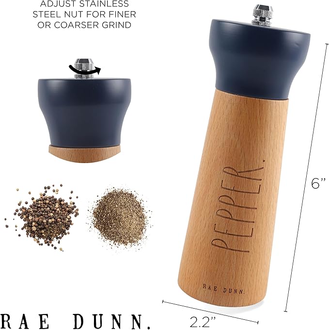 Rae Dunn Salt and Pepper Grinder Set of 2 - Bamboo Sea Salt Pepper Grinder - Classy Salt and Pepper Shakers - Pepper Mill & Salt Mill, Blue