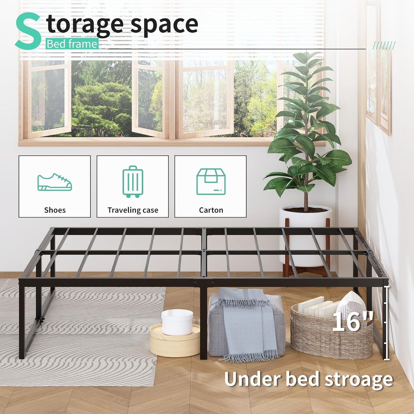18 Inch Queen Bed Frame with Cover Skirt, Heavy Duty Steel Slat Support Metal Platform Bed Frame Queen Size No Box Spring Needed, Easy Assembly, Black and Blue