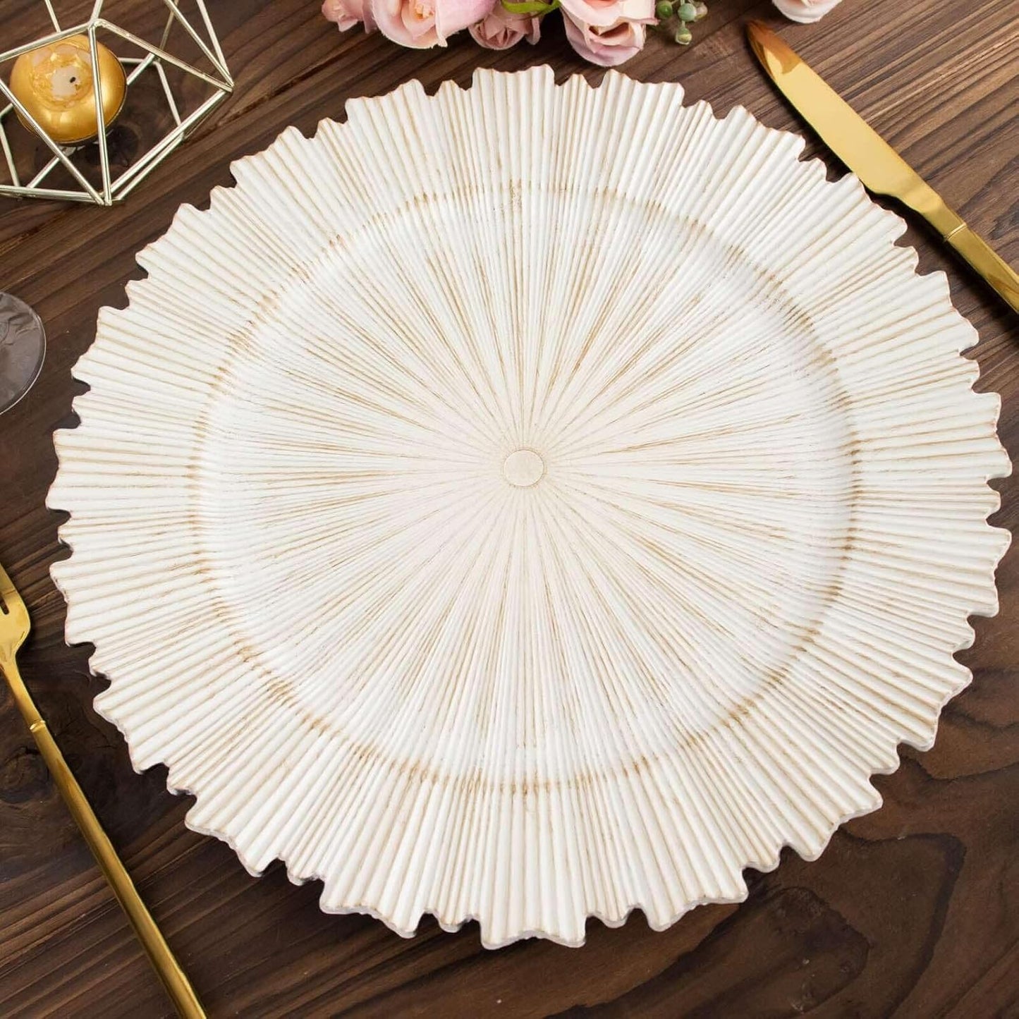 Efavormart 6 Pack | 13" Metallic Antique White Sunray Acrylic Plastic Serving Plates, Round Scalloped Rim Disposable Charger Plates