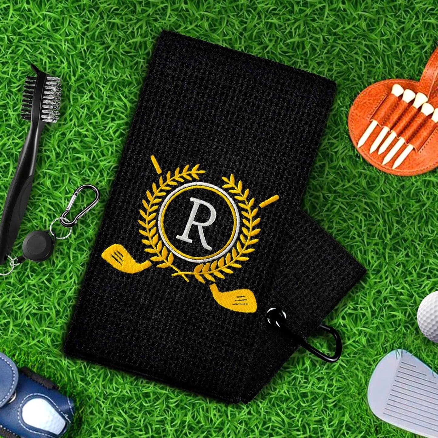 Personalized Golf Towels for Golf Bags - Microfiber Monogrammed Golf Towels for Men/Women, Retractable Brush Tool Kit with Club Groove Cleaner, Custom Golf Accessories for Golfers (Initial R)