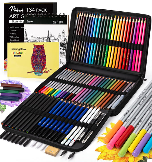 pindda 134PCS Art Supplies Sketching Kit, Drawing Set with Rainbow, Colored, Graphite, Watercolor, Metallic, Charcoal Pencils, Art Kits Drawing Pencil Set Gifts for Artists Adults Teens Girls Boys