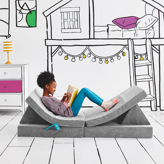 Yourigami Kids and Toddler Play Couch, Convertible Folding Sofa, Durable Foam Modular Design, Mountain Gray