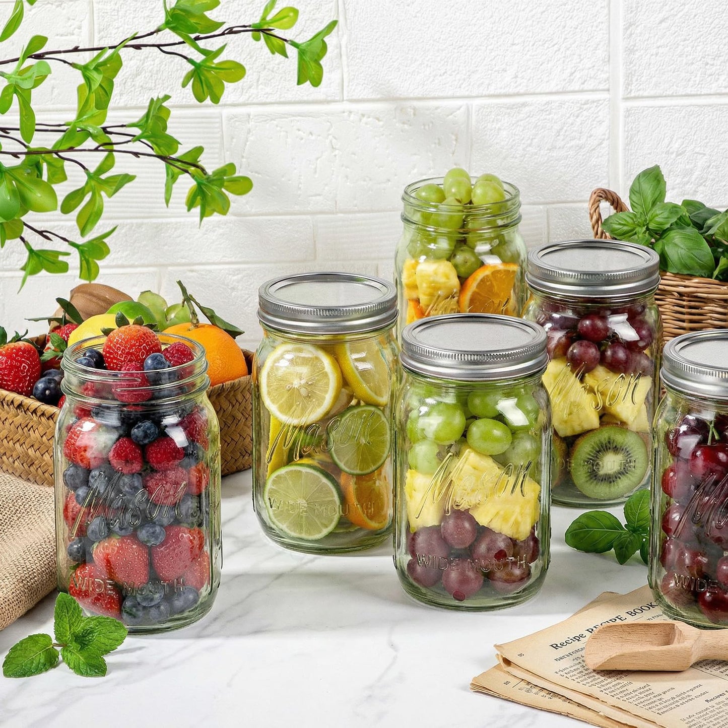 Rubtlamp Green Mason jar 32 oz, 12 Pack Glass Jars - Wide Mouth Mason Jars with Airtight Lids for Pickling, Fermenting, Food Storage&DIY Crafts, Microwave & Dishwasher Safe