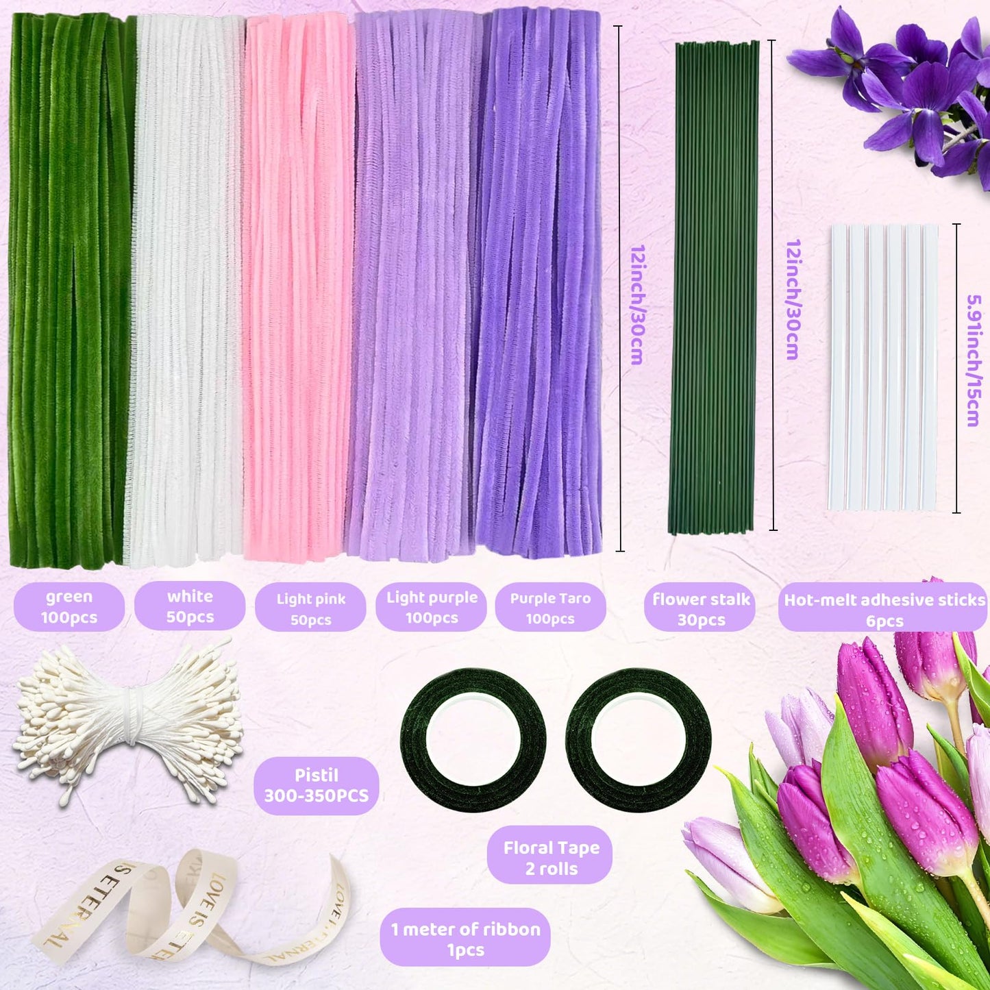 CITYBAN 400PCS Pipe Cleaners Craft,5 Assorted Pipe Cleaner Flower Kit,Kit with Floral Wires, Gardening Tape, Stamen, Floral & Ribbon, Pipe Cleaners Bulk,Ideal for DIY Projects（Purple）