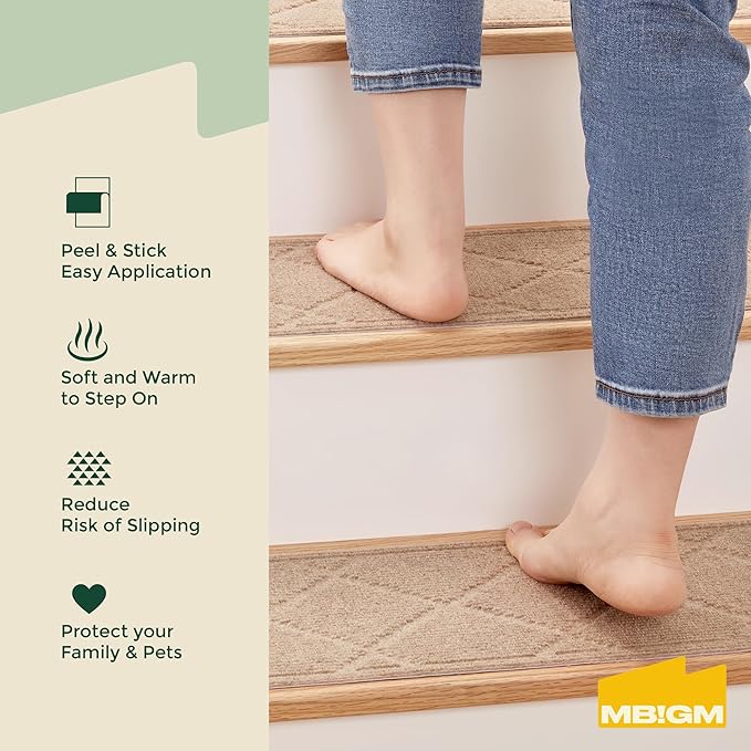MBIGM 8" X 30" (15 in Pack) Non-Slip Carpet Stair Treads Non-Skid Safety Rug Slip Resistant Indoor Runner for Kids Elders & Pets with Reusable Adhesive - Cornstalk Diamond Weave