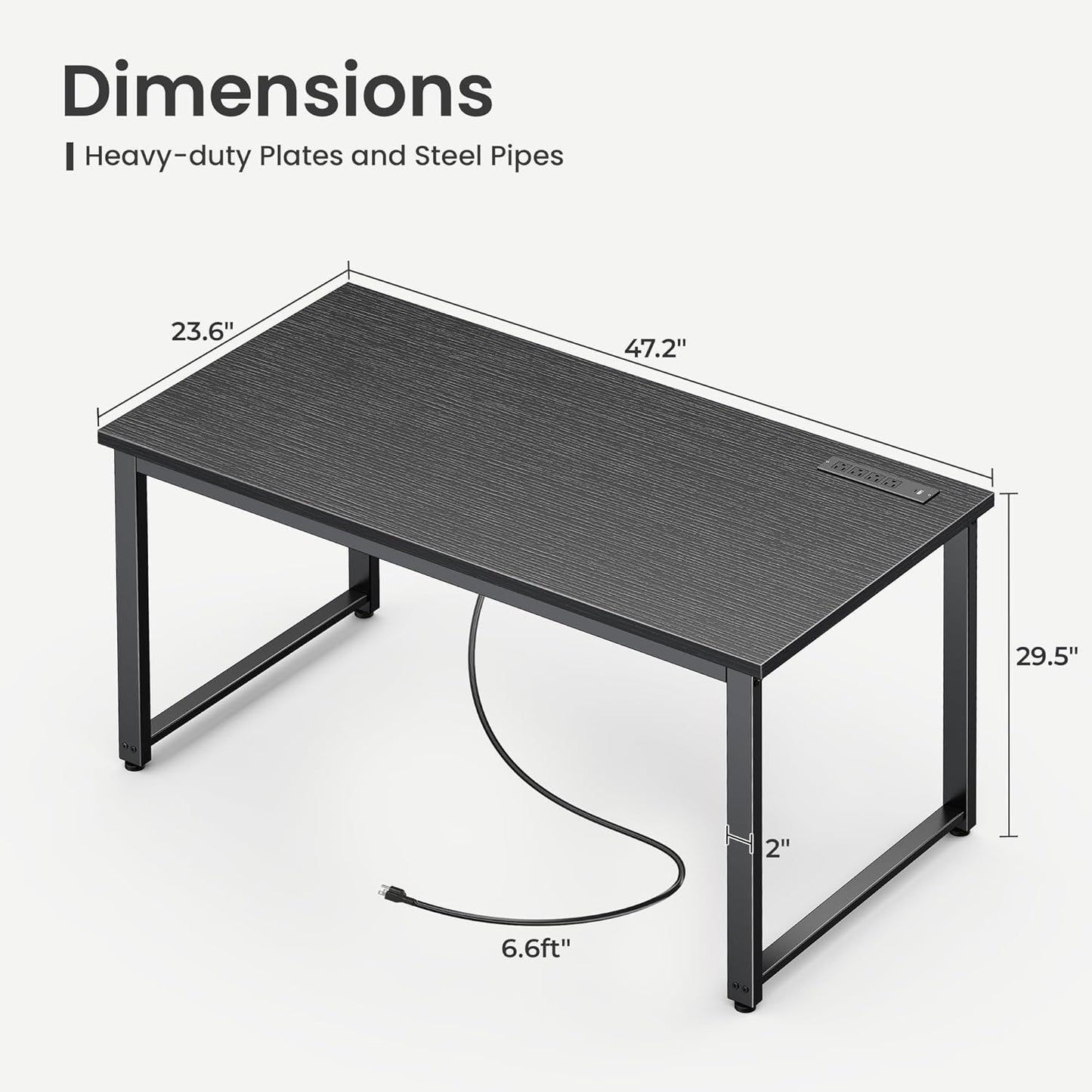 Huuger 48 x 24 inch Desk with Power Outlets & USB-C, Deeper & Thicker Desktop, Robust Metal Tubes, Computer Desk, Heavy Duty Office Desk, Work Gaming Desk for Home Office, Black