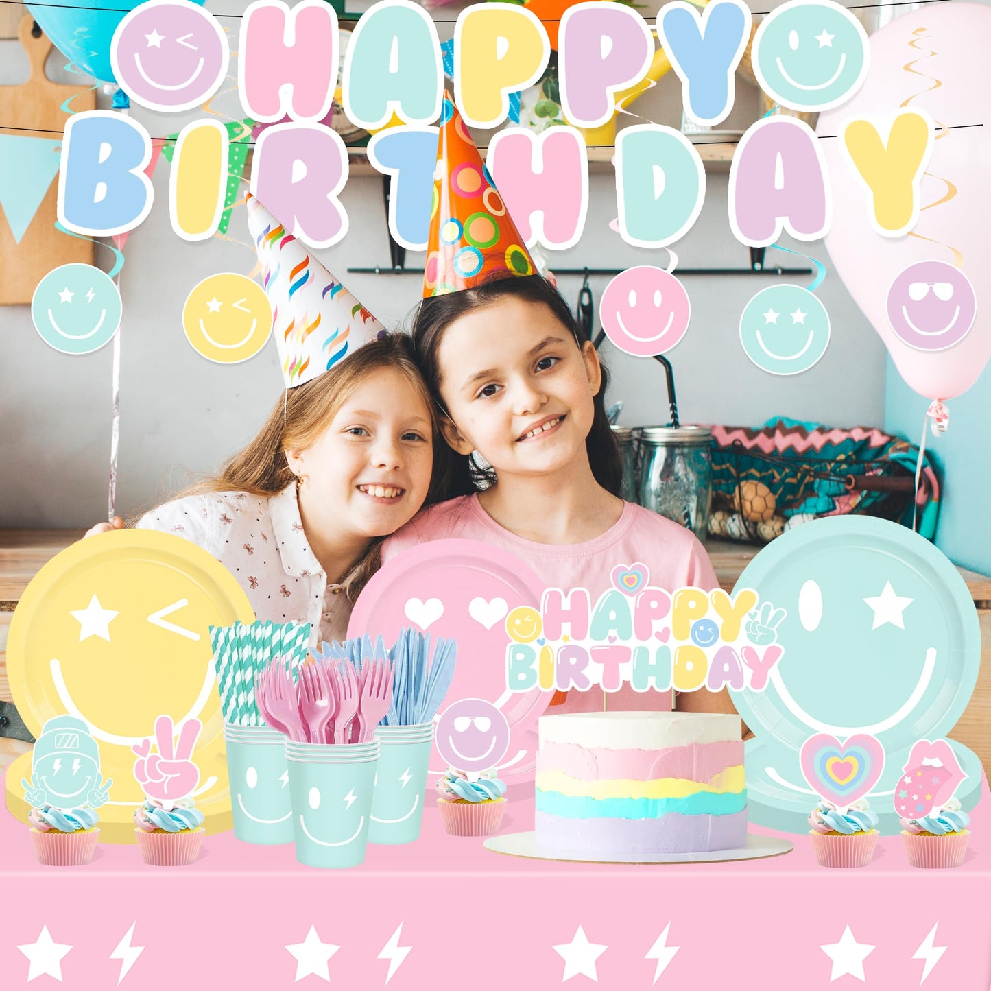 199PCS Smiley Face Birthday Decorations Smile Pastel Themed Preppy Theme Plates and Napkins Set,Balloon, Banner,Tablecloth, Hanging,Cupcake Topper,Smiley Pastel Birthday Party Supplies Serve 24 Guests