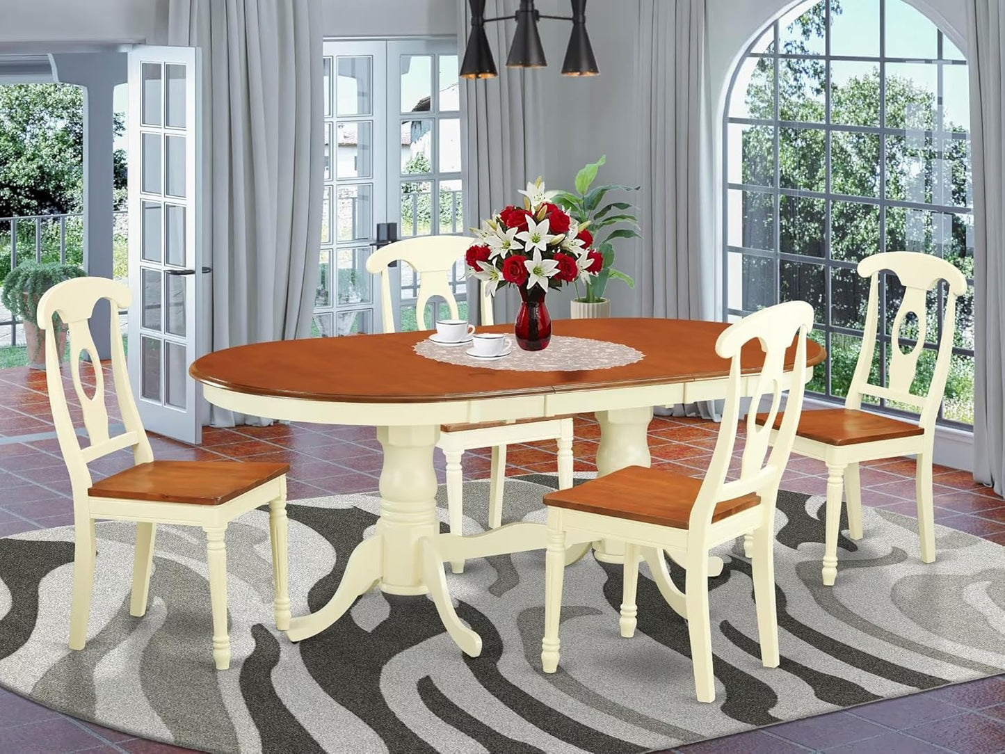 East West Furniture PLKE5-WHI-W 5 Piece Dining Table Set for 4 Includes an Oval Kitchen Table with Butterfly Leaf and 4 Kitchen Dining Chairs, 42x78 Inch, Buttermilk & Cherry