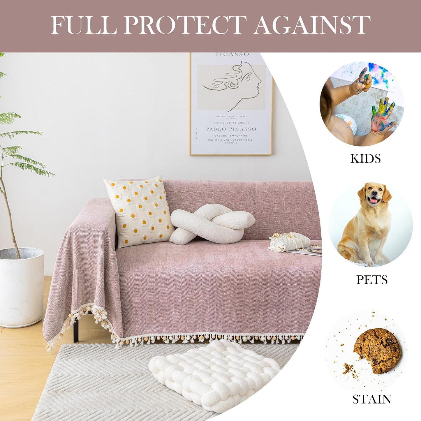 HANDONTIME Soild Couch Covers for Dogs Pink-Purple Sofa Covers Boho Cover for Sofa 3 Seats Chenille Sofa Throw Cover Mauve Sofa Covers for 3 Cushion Couch Tassel,Washable, Pet Friendly, 71" X134"