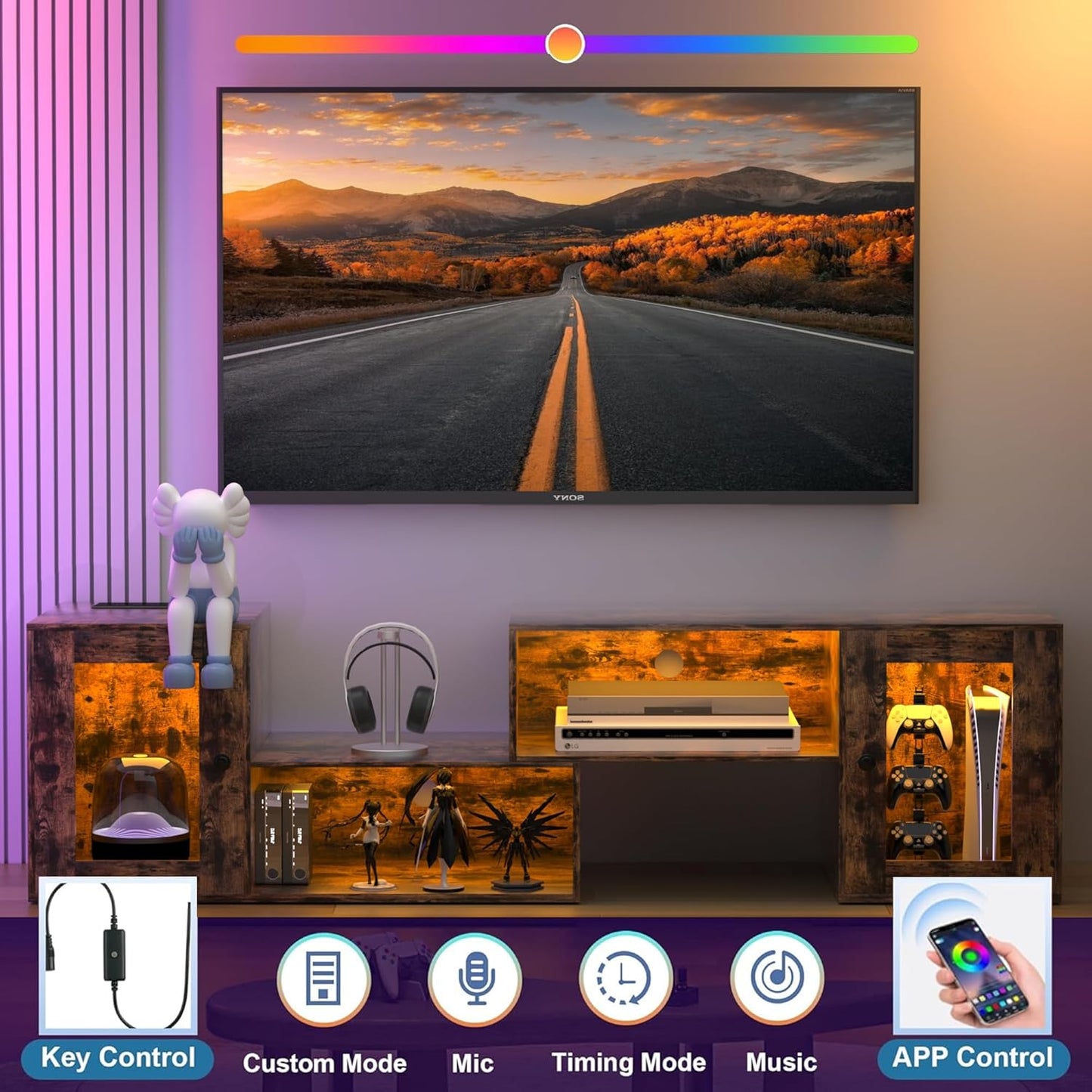 VECELO LED TV Stand for Televisions up to 70 Inchs Modern Entertainment Center with Storage, Media Console with 23 Flashing Options and 4 Customizable Modes for Living Room, Bedroom
