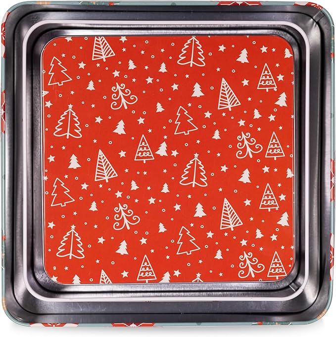 Steel Mill & Co Tin Containers with Lids, 3 Pack Christmas Cookie Tins, Festive Cookie Tins for Gift Giving & Holiday Treats, Square Metal Nesting Containers, Ornaments and Trees