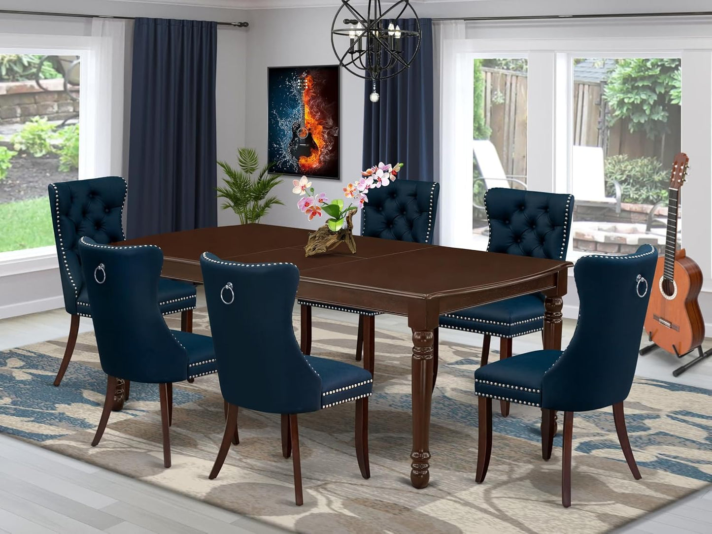 East West Furniture DODA7-MAH-29 7 Piece Dining Table Set Includes a Rectangle Kitchen Table with Butterfly Leaf and 6 Polyester Fabric Padded Chairs, 42x78 Inch, Mahogany